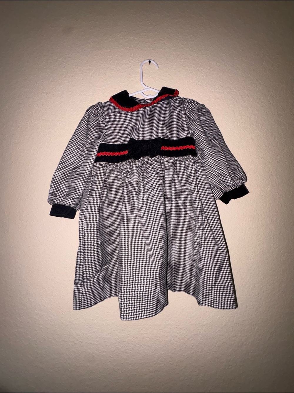 Classic Black & White Gingham Girls' Formal Dress with Red Trim